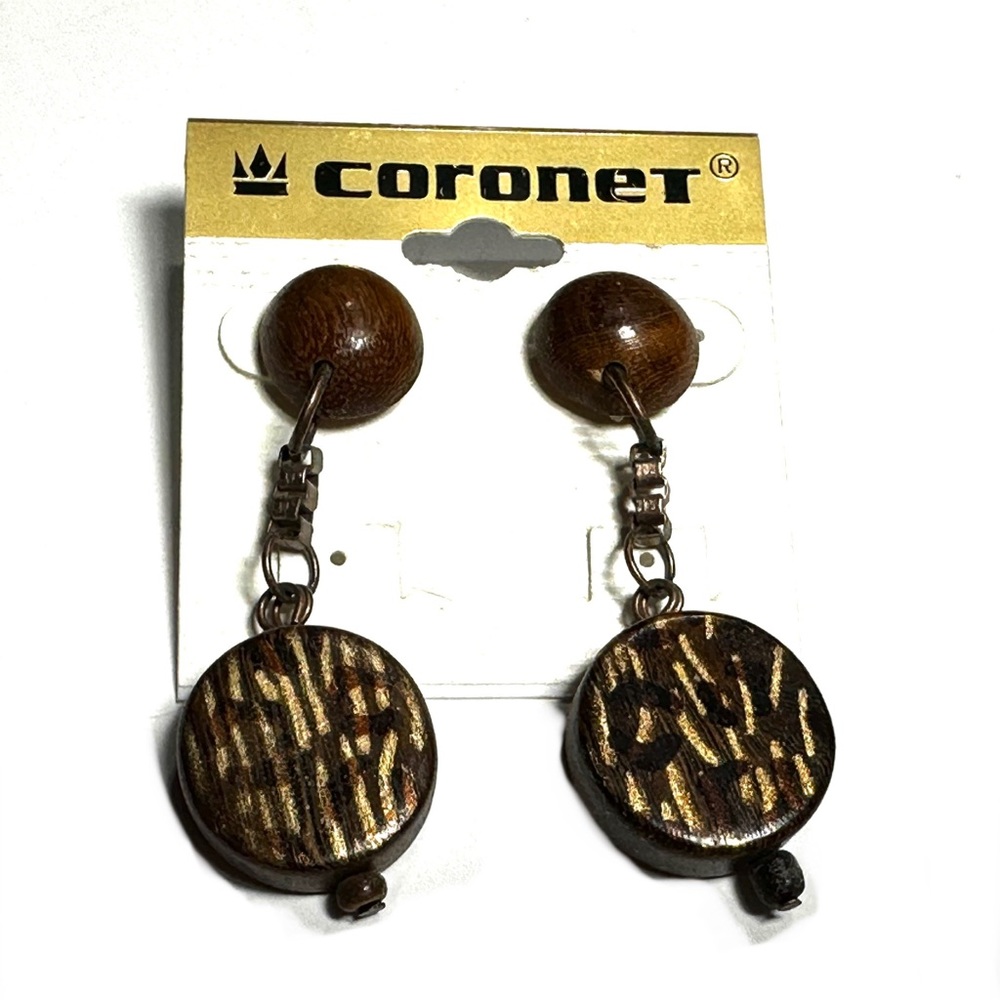 Coronet Boho Wooden Dangle Earrings Natural Two Tone Retro Style